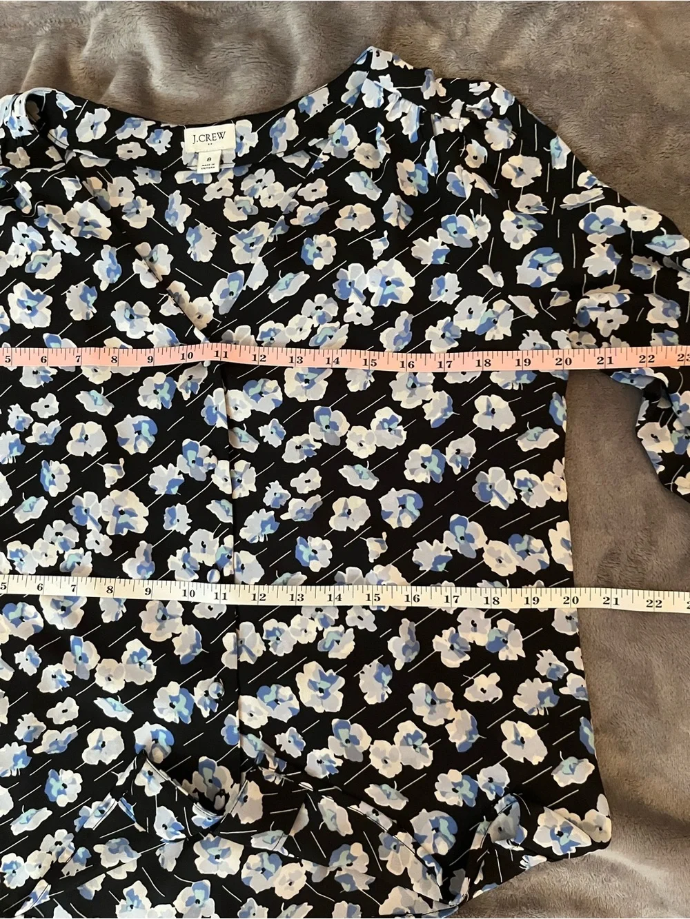 J. Crew Black Floral V-Neck Button up Blouse with Blue & White Blooms EUC